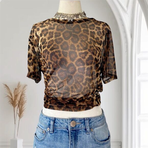 Early 2000's Grunge Bratty Party Euro Sheer Animal Leopard Mesh Blouse Top L - Picture 1 of 9
